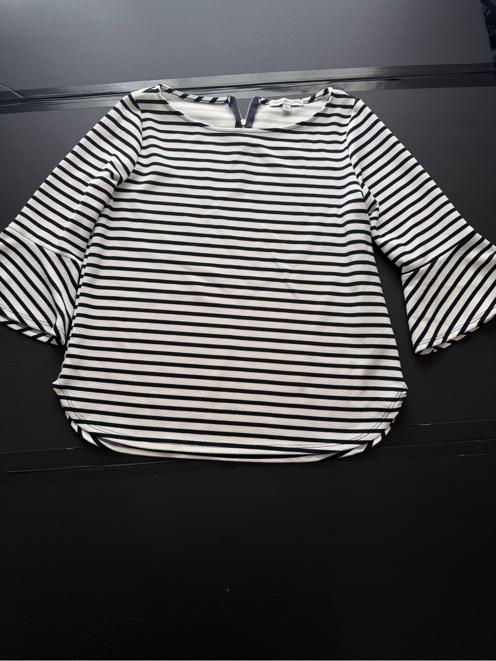 Green Envelope Black & White Striped Bell-Sleeve Top
